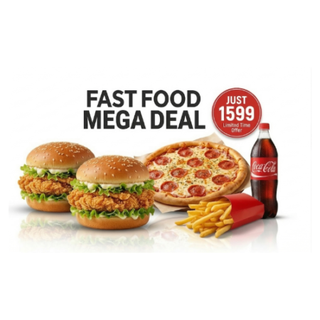 2 Zinger Burger, 1 Medium Pizza, Half Fries, 1 Litre Next Cola