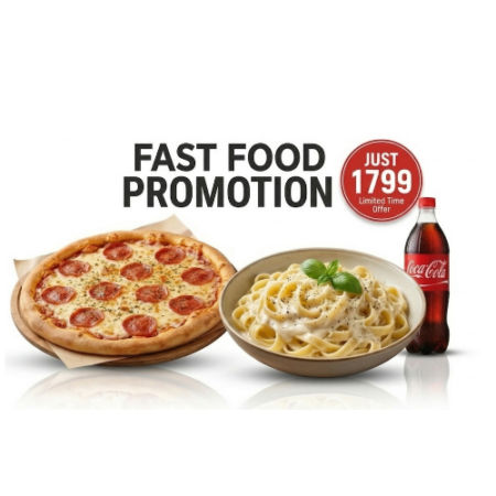 1 Medium Pizza, Large Creamy Pasta, 1 Liter Next Cola